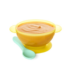 Tasty baby food in bowl and spoon isolated on white