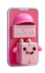 Adorable character wearing a cap and holding a box inside the smartphone with "DELIVERY" text on a mobile phone screen