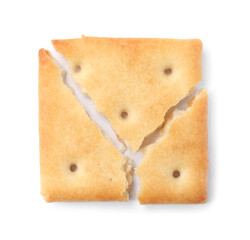 Crispy broken cracker isolated on white, top view