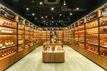A curated display of opulent perfumes, luxury fragrances, and scented candles in an elegant perfume boutique. Perfume store interior. - obrazy, fototapety, plakaty