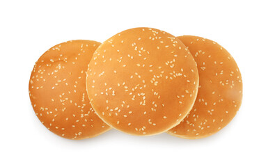 Fresh hamburger buns isolated on white, top view