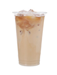Plastic cup of fresh iced coffee isolated on white