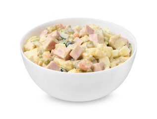 Tasty Olivier salad with boiled sausage in bowl isolated on white