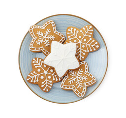 Tasty star shaped Christmas cookies with icing isolated on white, top view