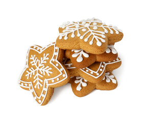 Tasty star shaped Christmas cookies with icing isolated on white