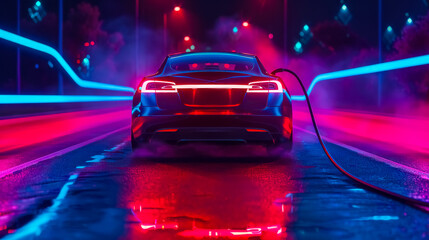 Futuristic electric car charging at night