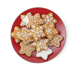 Tasty star shaped Christmas cookies with icing isolated on white, top view