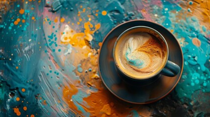 Artistic top view of a coffee cup with colorful foam art on a vibrant abstract background