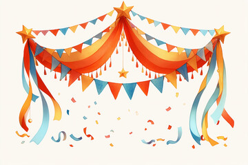 Watercolor illustration of colorful party bunting flags. Festive circus background and celebration concept with copy space for April Fools Day or Birthday event and greeting card.