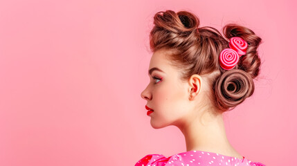 Retro pin-up hairstyle fashion on pink background