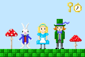 Greeting card of wonderland pixel art  in style of eight-bit game.  Alice, rabbit, mad hatter, mushrooms in style of 8-bit game. Vector illustration. - 764305385