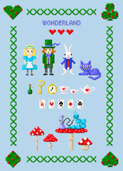 Greeting card of wonderland pixel art  in style of eight-bit game.  Alice, rabbit, cat, mad hatter, caterpillar,  mushrooms in style of 8-bit game. Vector illustration.