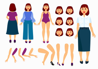 Vector set of character a young woman. Girl with various poses and gestures, is engaged in everyday	