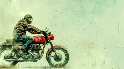 Retro motorcyclist in helmet on a classic bike against a grunge backdrop