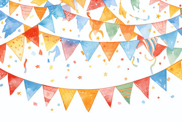 Obraz premium Watercolor illustration of colorful party bunting flags. Festive background and celebration concept with copy space for April Fools Day or Birthday event and greeting card.