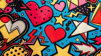 A bold graphic pattern of repeating pop art motifs like hearts stars and lightning bolts AI generated illustration - obrazy, fototapety, plakaty