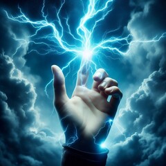 Hand holding up a lightning bolt. Energy and power. Stormy background. Blue glow. 