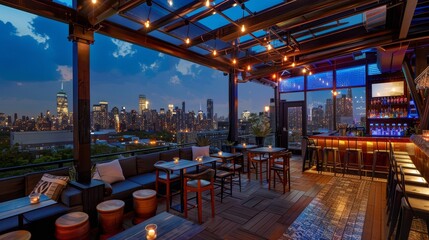 A chic rooftop bar with panoramic views of the city skyline catering to upscale clientele AI generated illustration - obrazy, fototapety, plakaty