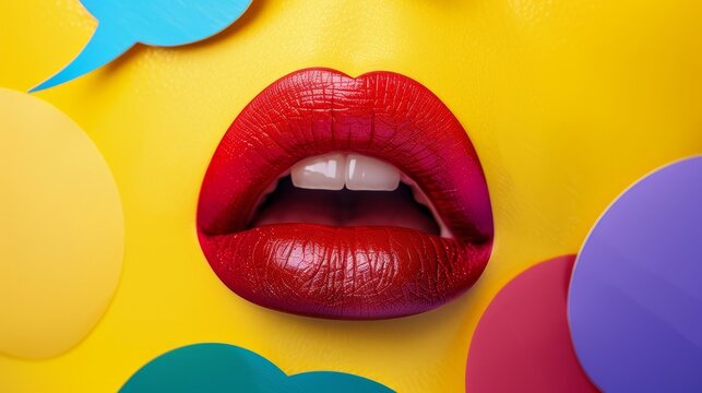 A close-up of a pair of lips with exaggerated red lipstick and colorful speech bubbles AI generated illustration