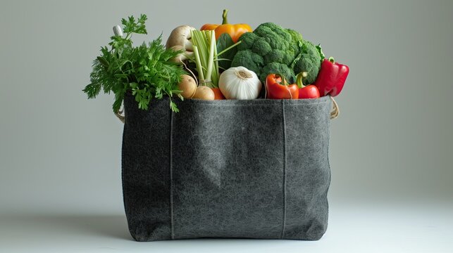 Gray shopping bag with grosseries inside on white background