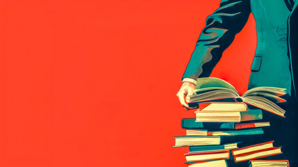 Knowledge power: man with stack of books on red background