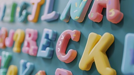 A close-up of pastel-colored magnetic letters on a whiteboard AI generated illustration - obrazy, fototapety, plakaty