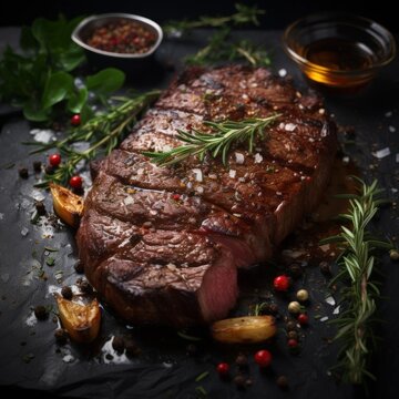 Grilled bbq steak on wooden background.