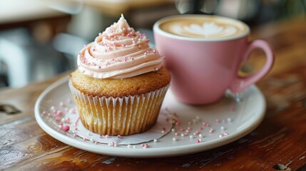 Delicious frosted cupcake with sprinkles and coffee latte art on a wooden table