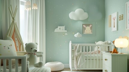 A cozy nursery with pastel blue walls and a cute pattern of smiling animals AI generated illustration