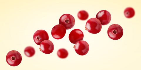 Fresh red cranberries flying on beige background