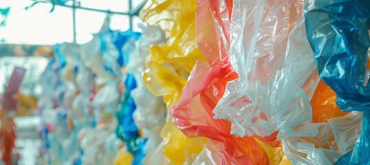 colorful plastic bags on display as modern art with copy space