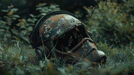 A cracked and weathered helmet lying in the grass  AI generated illustration
