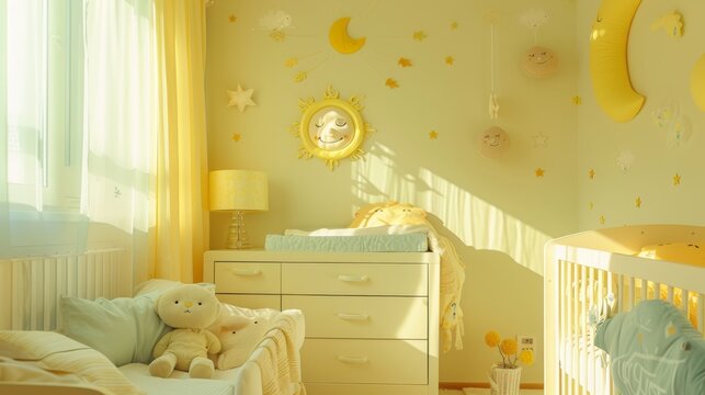 A cozy nursery with pastel yellow walls and a cute pattern of smiling suns  AI generated illustration