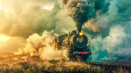 Vintage steam train in dramatic sunset light
