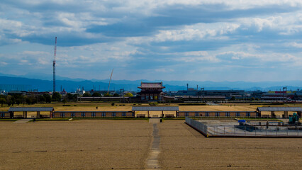 Nara, Japan - March 24 2016: Heijō-kyō remains and reconstruction