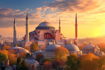 A photograph showcasing a grand and imposing building adorned with numerous spires on its rooftop, Historic city of Istanbul with the majestic Hagia Sophia during golden hour, AI Generated