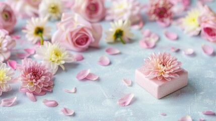 a pink box with a flower on it surrounded by petals of pink and white flowers on a light blue background.