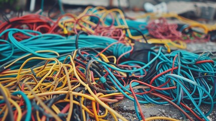 A jumble of wires and cables tangled on the ground AI generated illustration