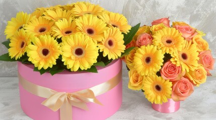 a pink box with a bouquet of yellow and orange flowers in it and a pink box with a bouquet of orange and yellow flowers in it.