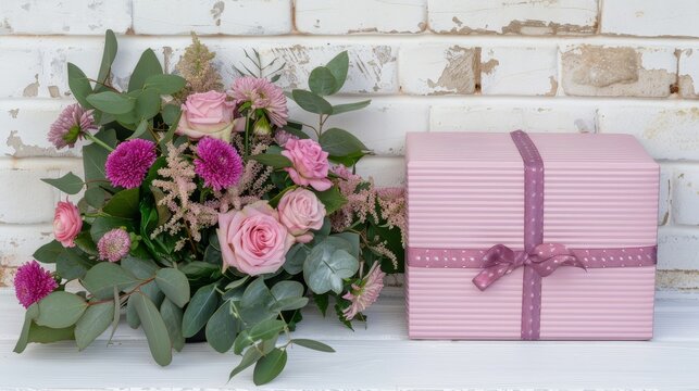 a pink gift box with pink flowers and greenery next to a bouquet of pink carnations and greenery.