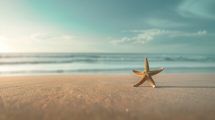 Fototapeta na wymiar A lone starfish on a sandy beach with a gradient sky AI generated illustration