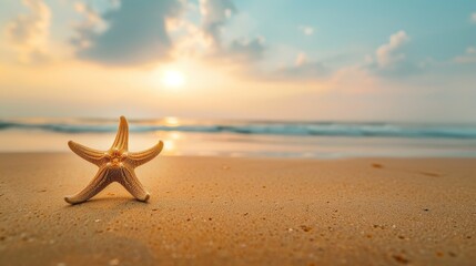 Fototapeta na wymiar A lone starfish on a sandy beach with a gradient sky AI generated illustration