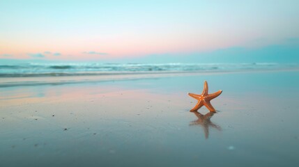 Obraz na płótnie Canvas A lone starfish on a sandy beach with a gradient sky AI generated illustration