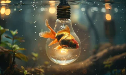 Fotobehang A goldfish swimming in a flask, the flask underwater, symbolizes the limitations of nature against a backdrop of human innovation and waste. © Olha