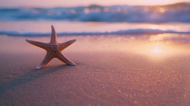 A lone starfish on a sandy beach with a gradient sunset AI generated illustration