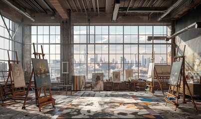 An artist's loft with large windows and completed paintings on easels