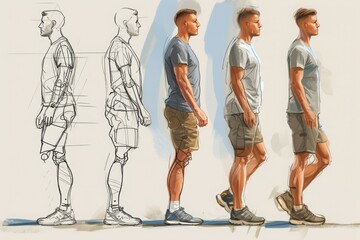 A collection of sketches depicting a man in different poses and positions, Illustrate the progress of a patient from start to finish of a physical therapy program, AI Generated - obrazy, fototapety, plakaty