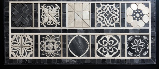 An image showcasing a detailed view of a wall adorned with an intricate pattern of tiles