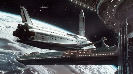 A minimalist depiction of a space tourism shuttle docking at a space hotel AI generated illustration - obrazy, fototapety, plakaty