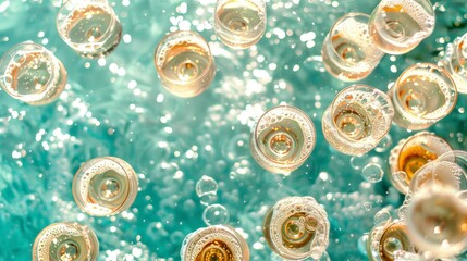 a group of bubbles floating on top of a blue and green liquid filled with gold and silver flecks.